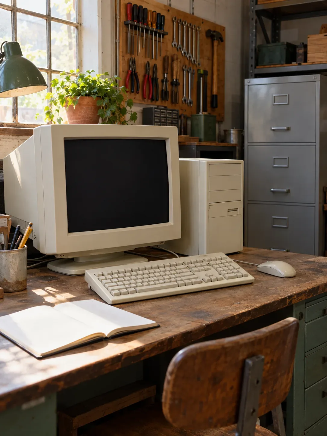 Bureau de suivi avec ordinateur ancien à proximité d’un atelier.